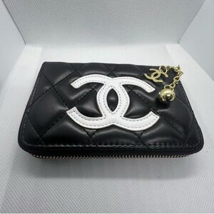 CHANEL Black Quilted Wallet with White Logo and Gold Charm